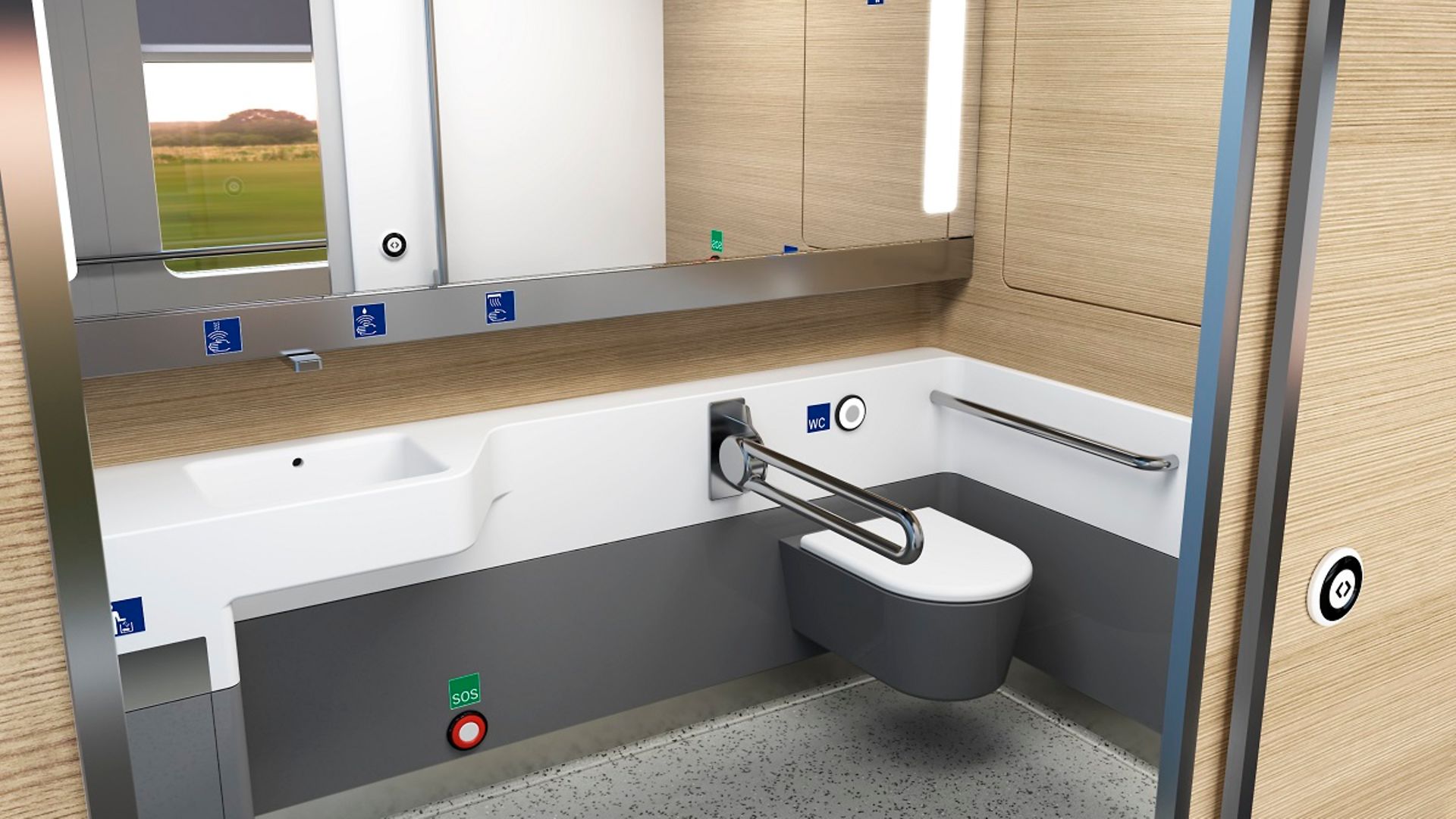 Universaltoilette für mobilitätseingeschränkte Reisende. Ausklappbarer Wickeltisch (Computeranimation)