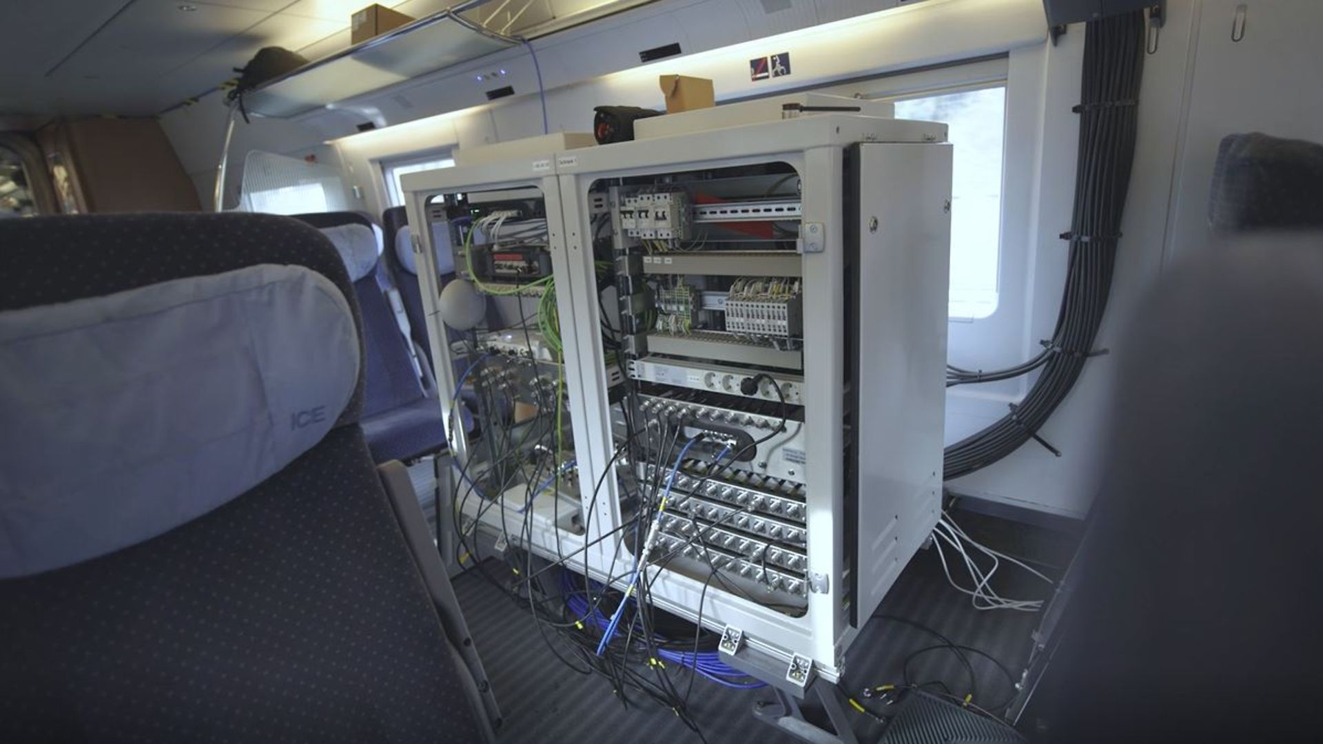 Server racks of the connectivity test platform inside a coach